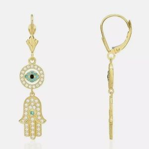 14K Yellow Gold 1.10Ct Created Diamond Hamsa Evil Eye Dangle Leverback Earrings